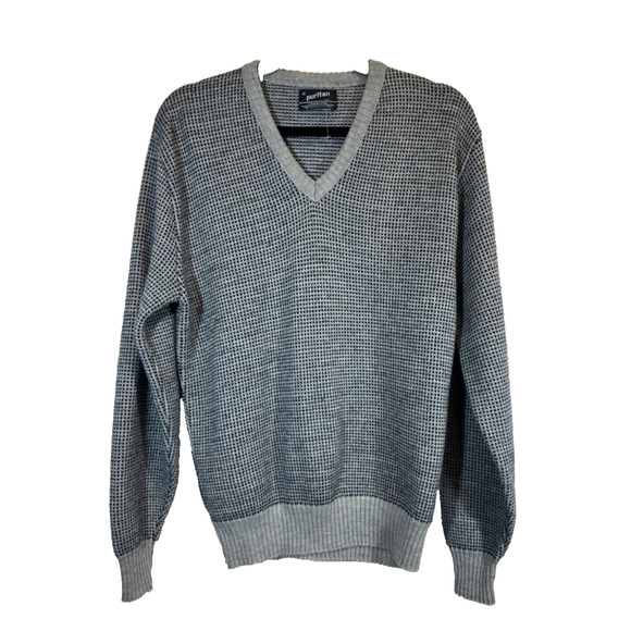 Puritan Sweaters - Puritan Sweater women XL v neck pullover lambswool blend USA Made Gray Navy E2 +